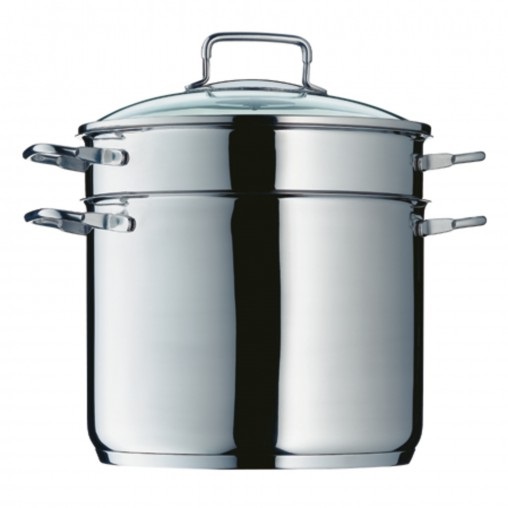 WMF 724919990 Pentola per Pasta con Inserto Scolapaste, Acciaio Inossidabile Cromargan 18/10, Argento, Diametro 24 cm, Altezza 23.5 cm, Base TransTherm