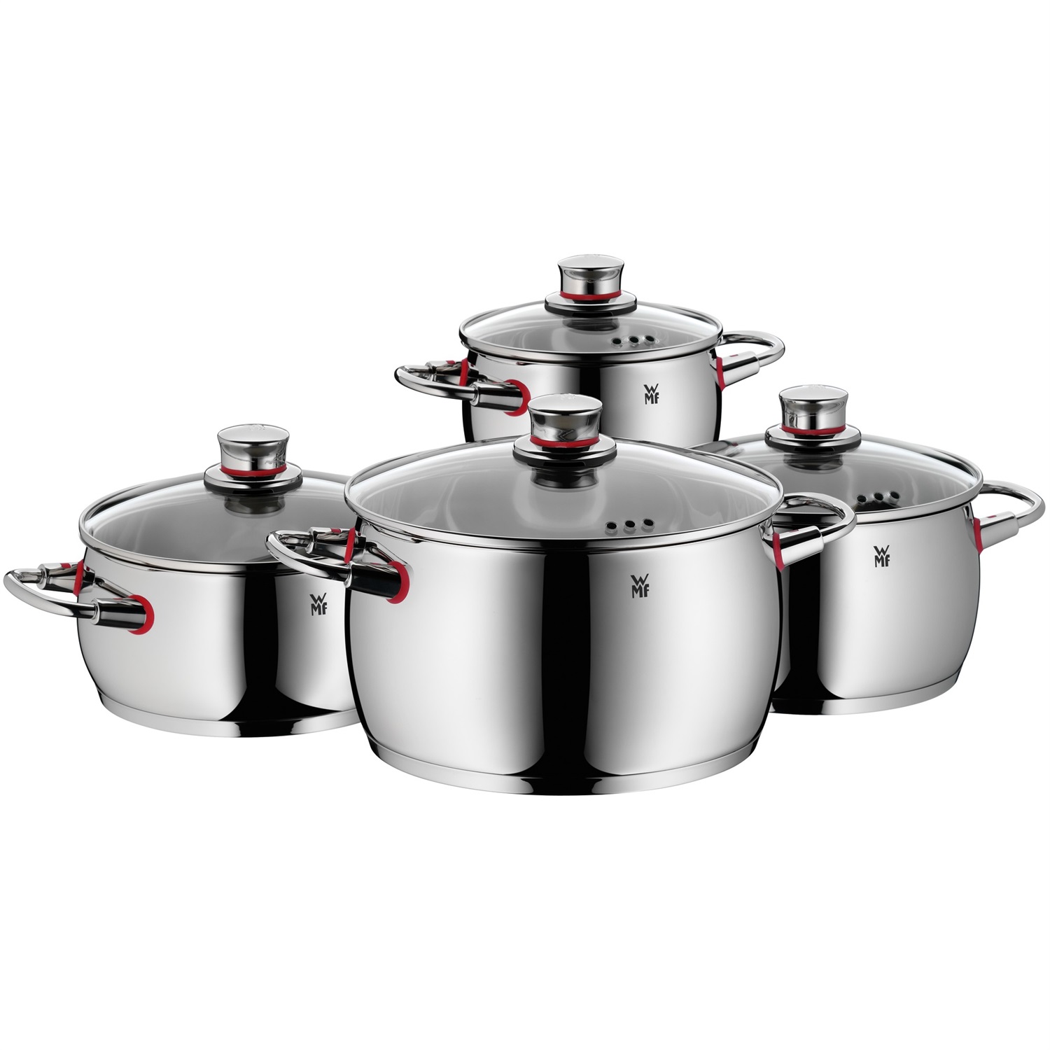 WMF Quality One Set di Pentole 4 Pezzi in Acciaio Inox con Coperchi in Vetro - Include Tegame e Pentole Ø 16, 20, 24 cm