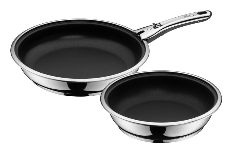 WMF Click&Serve Set di 3 Padelle Antiaderenti con Manico Rimovibile, Acciaio INOX Cromargan, Induzione e Resistente al Forno