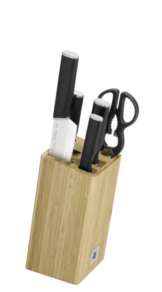 WMF Kineo Set 6 pezzi - 4 coltelli in acciaio temprato, forbici multiuso e supporto FlexTec in bambù