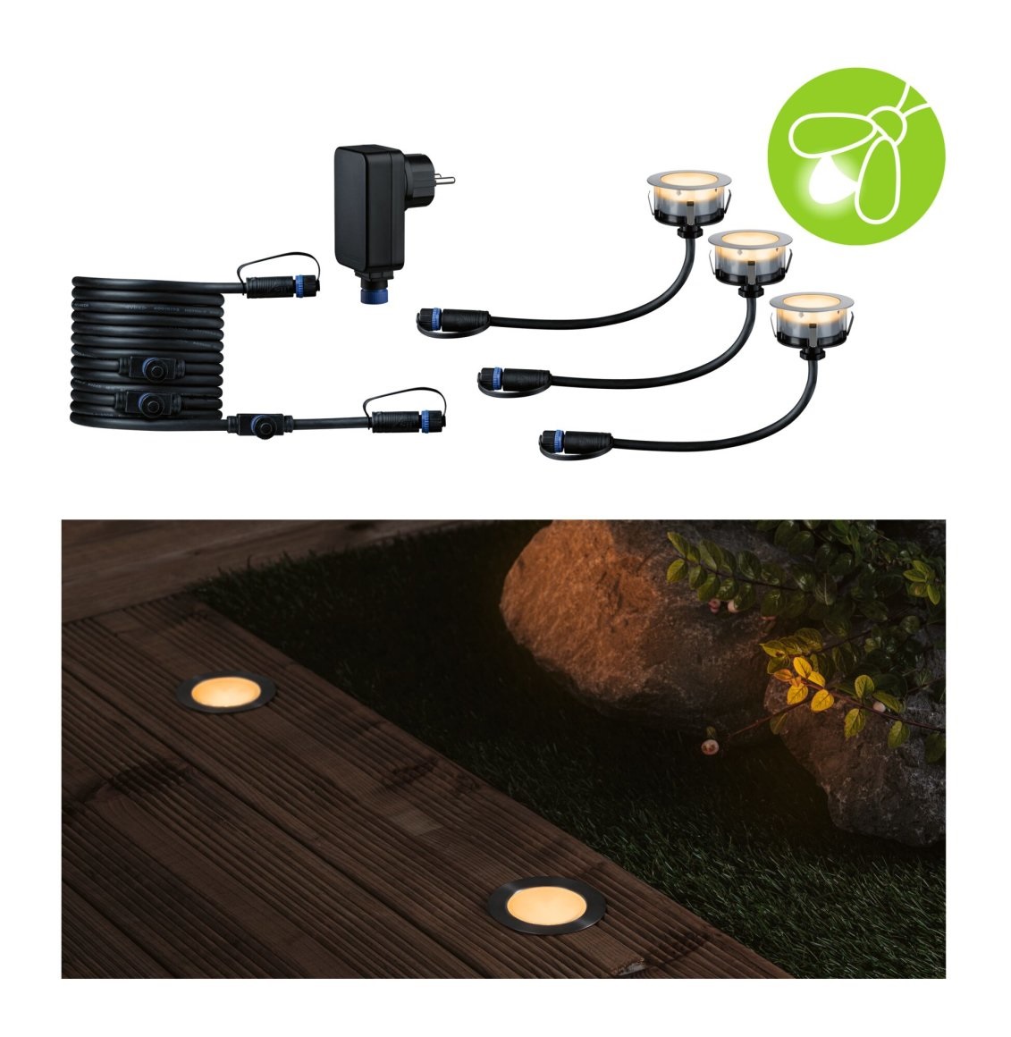 Paulmann 94722 Plug & Shine Faretto LED da Incasso per Esterni Set da 3, Delicata per Insetti, IP67, Luce Calda 2200K