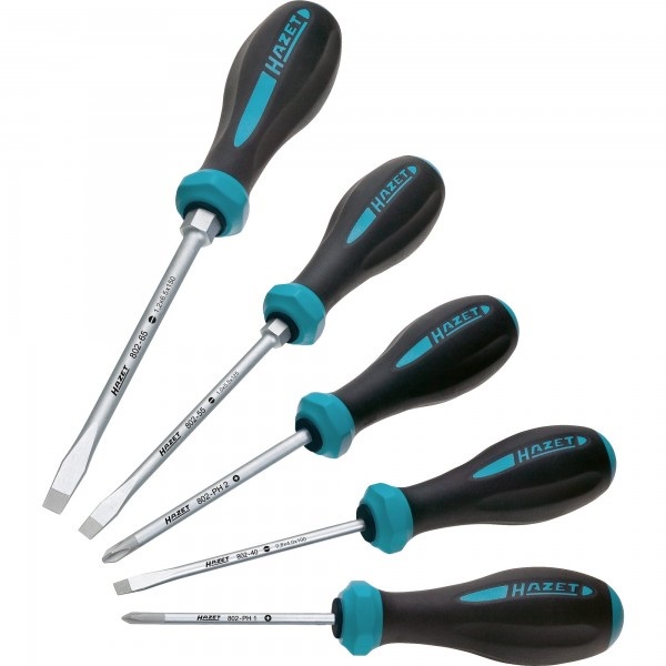 HAZET 802/5 Set di Cacciaviti - 5 Pezzi con Punta Brunita e Lama Cromata Opaca, Profilo a Taglio e Phillips