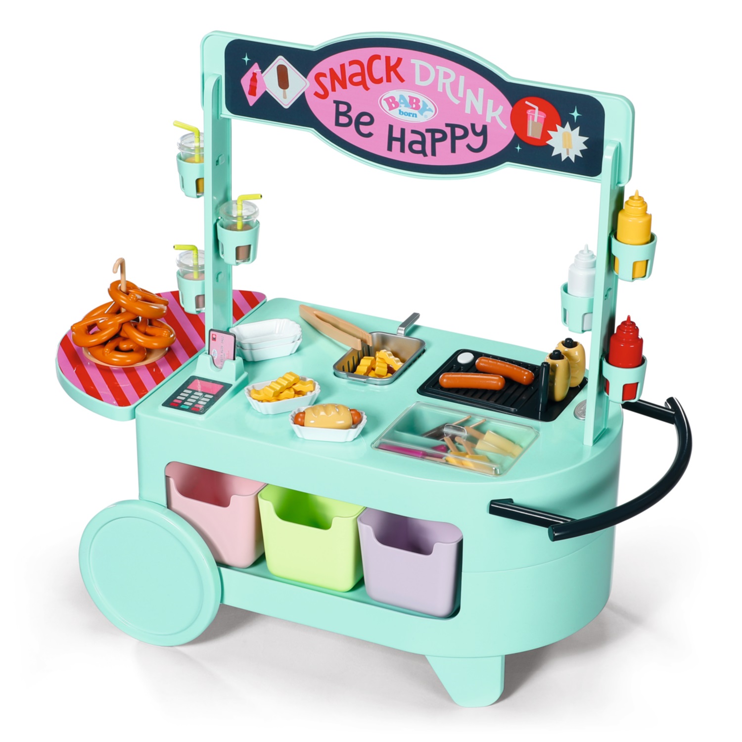 BABY born Snack Shop - Stand alimentare per bambole con effetti sonori, 25 snack fast food e melodia