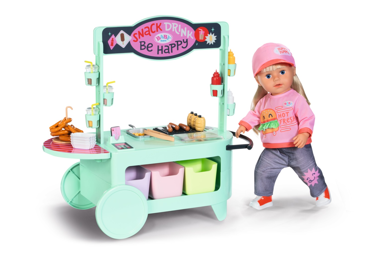 BABY born Snack Shop - Stand alimentare per bambole con effetti sonori, 25 snack fast food e melodia
