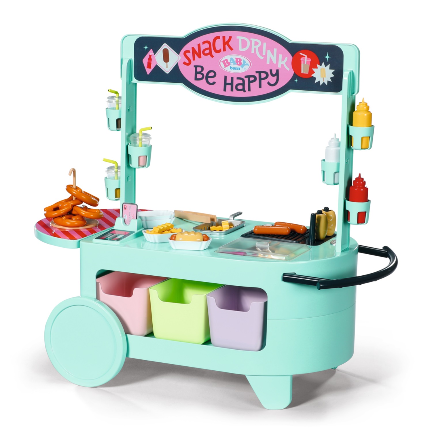 BABY born Snack Shop - Stand alimentare per bambole con effetti sonori, 25 snack fast food e melodia