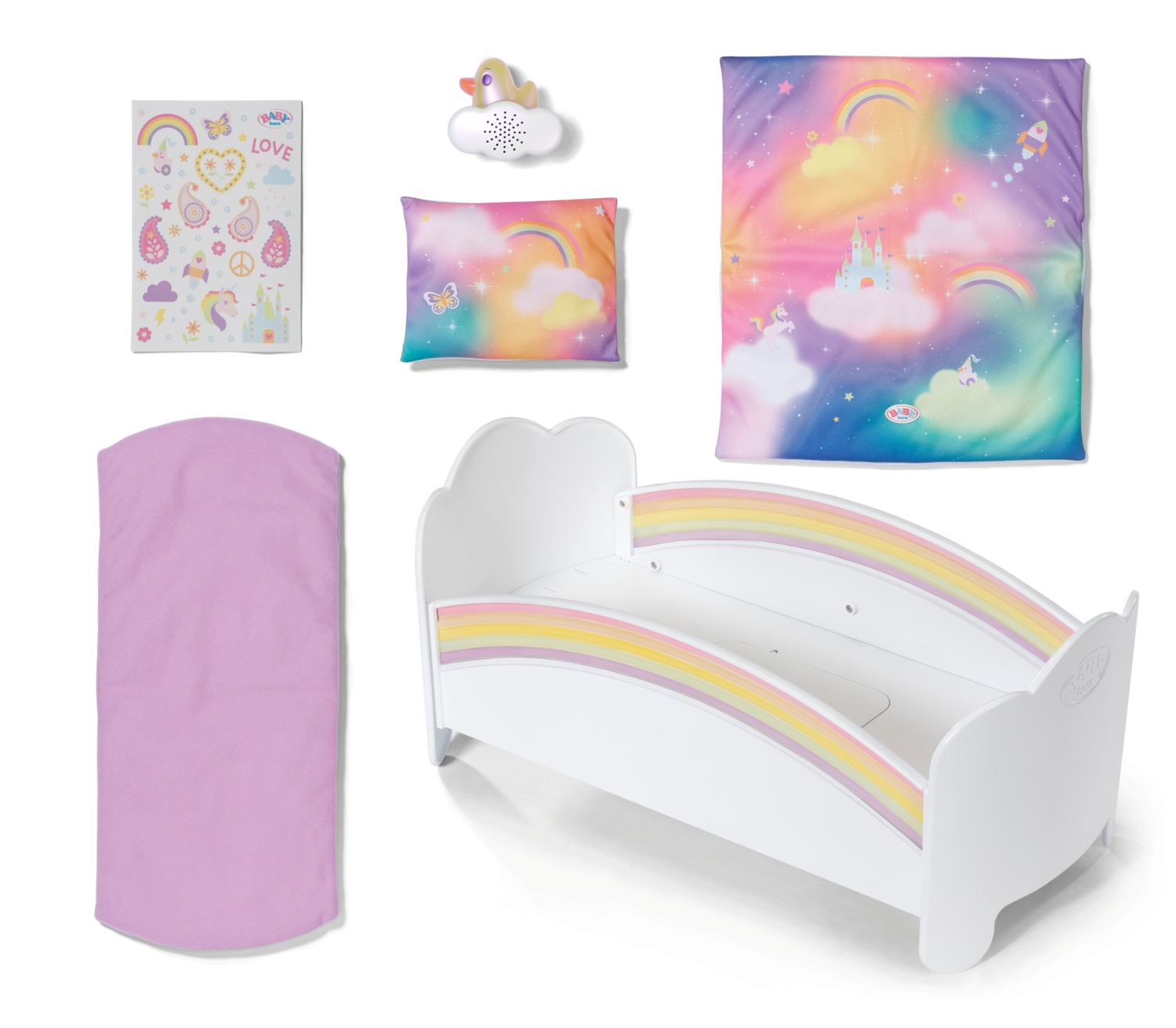 Zapf BABY born Rainbow Bed - Lettino per bambole con luci, melodia rilassante, biancheria reversibile e scomparto segreto