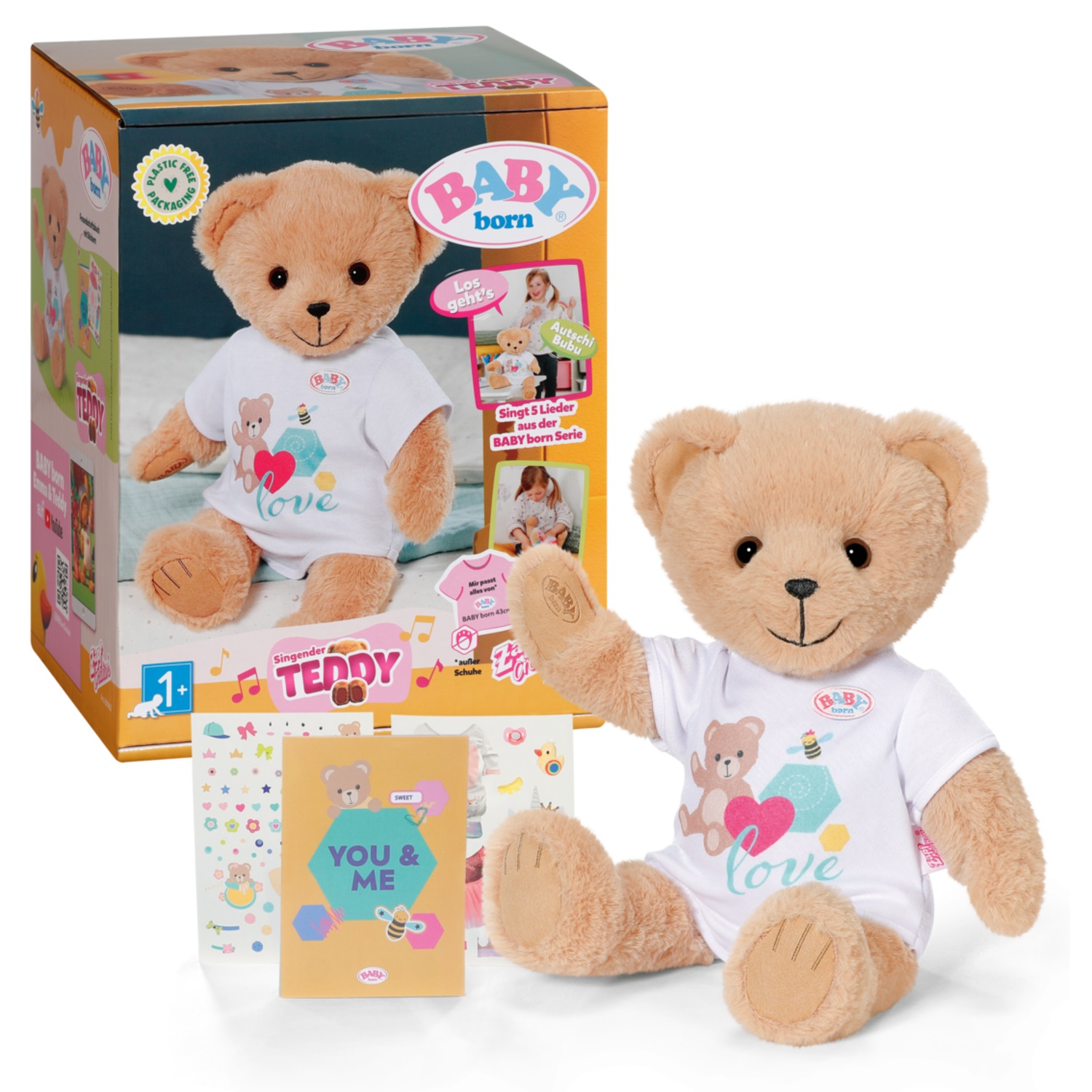 BABY born Orsacchiotto Canterino - Peluche con Funzione Sonora, Braccia e Gambe Snodabili, Tutina Bianca, Adatto da 18 Mesi, Canta 5 Canzoni Tedesche