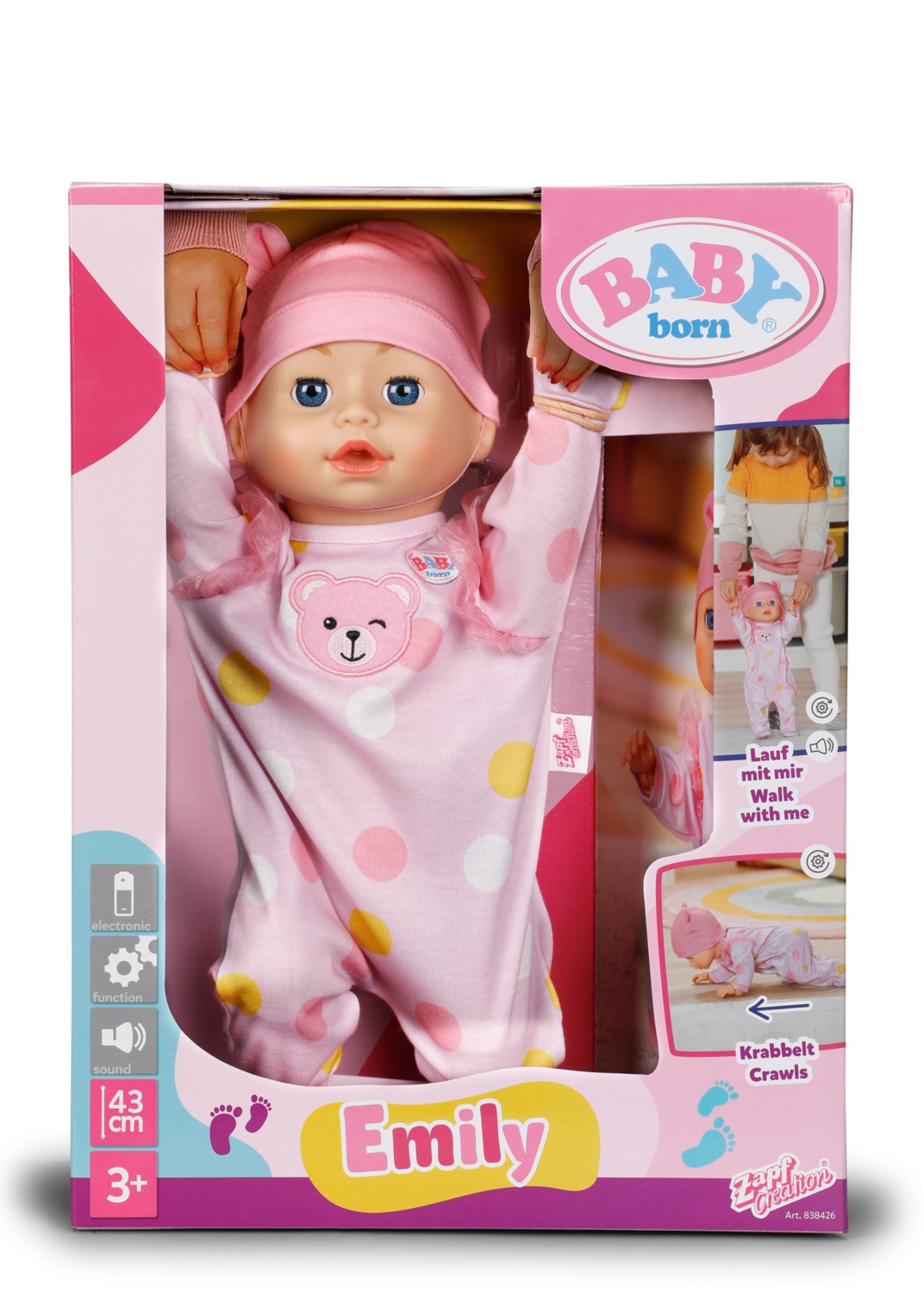 Zapf BABY born Emily Cammina con me - Bambola 43 cm con funzionalità elettroniche, gattona e cammina, tutina e berretto rosa inclusi, adatta per bambini dai 3 anni