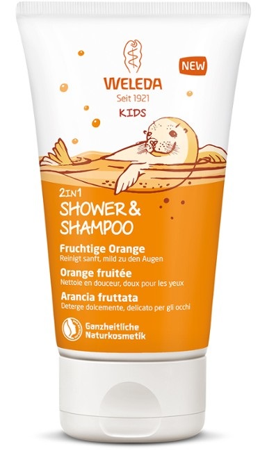 Weleda Kids 2in1 Shower & Shampoo Arancia Fruttata 150 ml - Docciaschiuma e shampoo delicato per bambini con Olio di Sesamo