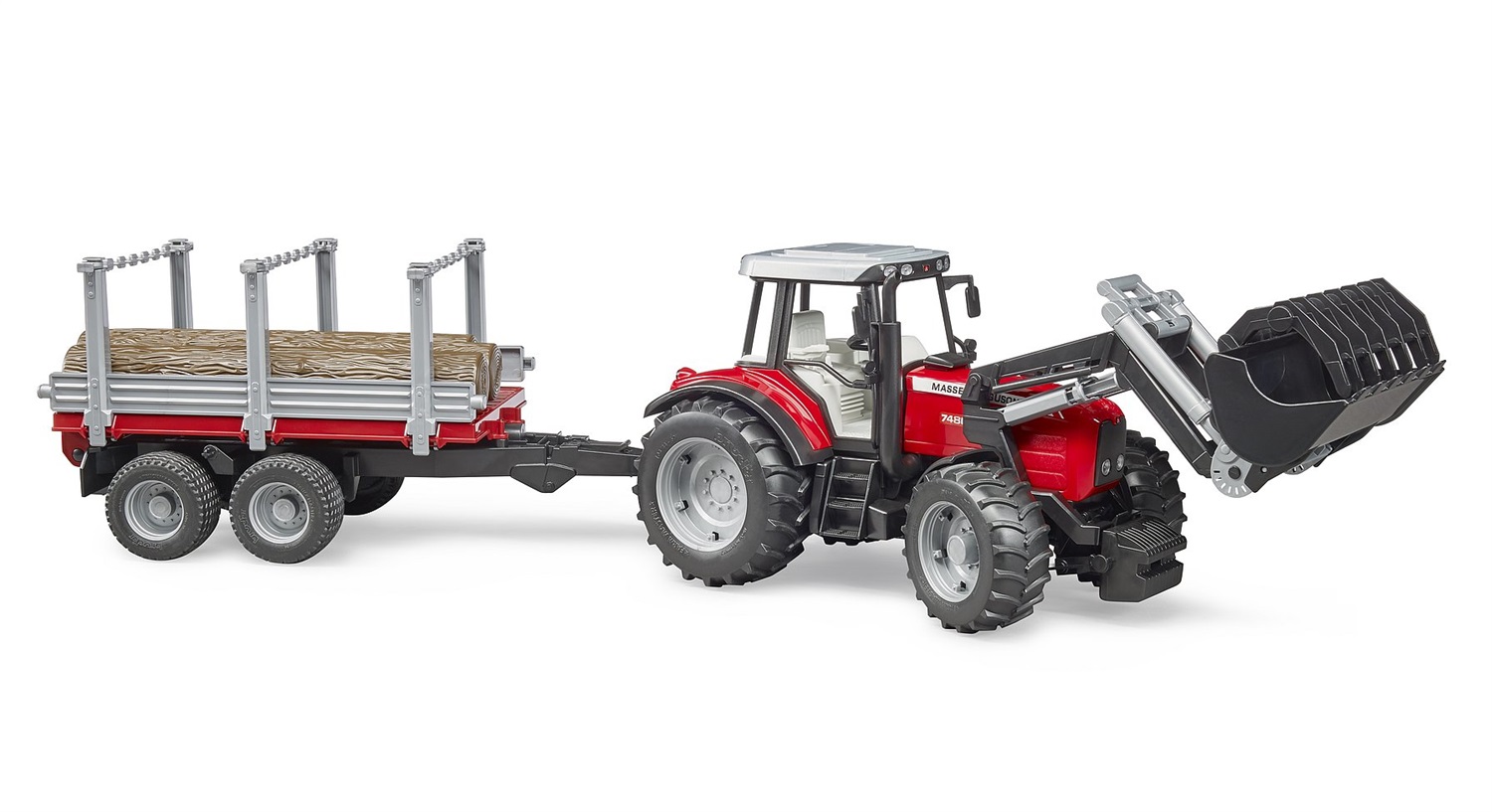 BRUDER Trattore Massey Ferguson 7480 con Caricatore Frontale, Rimorchio Legname e 3 Tronchi - Scala 1:16
