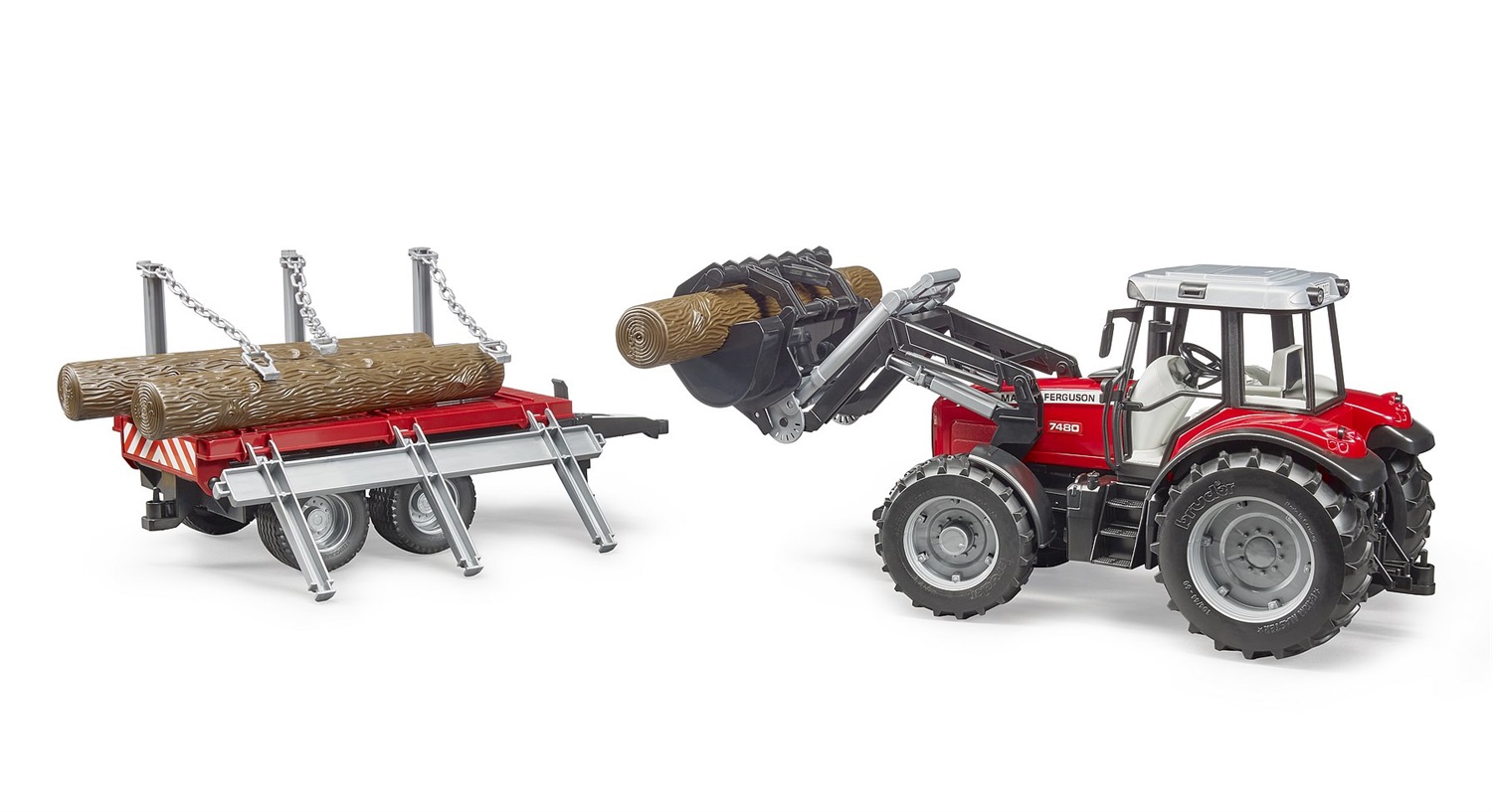 BRUDER Trattore Massey Ferguson 7480 con Caricatore Frontale, Rimorchio Legname e 3 Tronchi - Scala 1:16