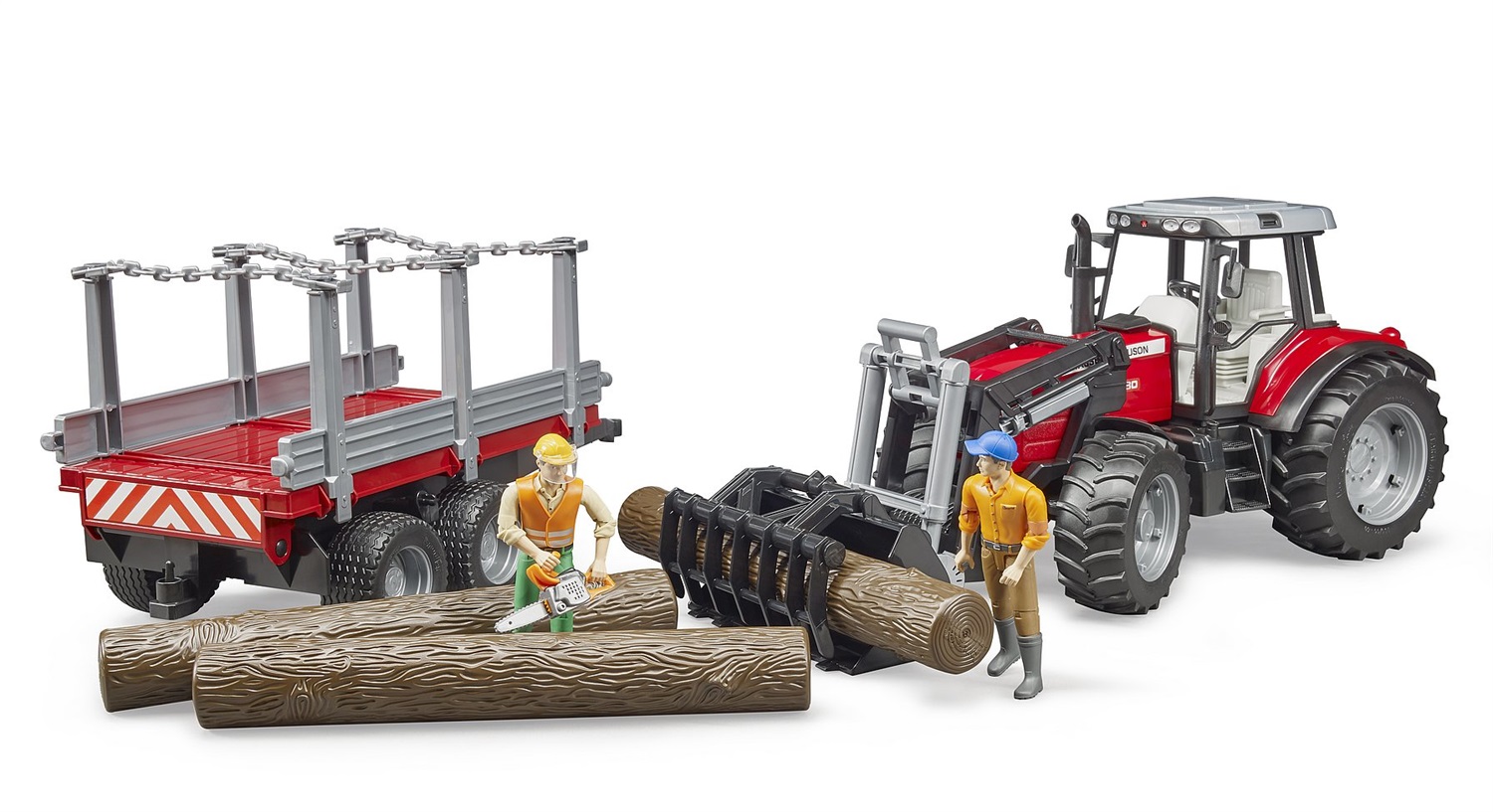 BRUDER Trattore Massey Ferguson 7480 con Caricatore Frontale, Rimorchio Legname e 3 Tronchi - Scala 1:16