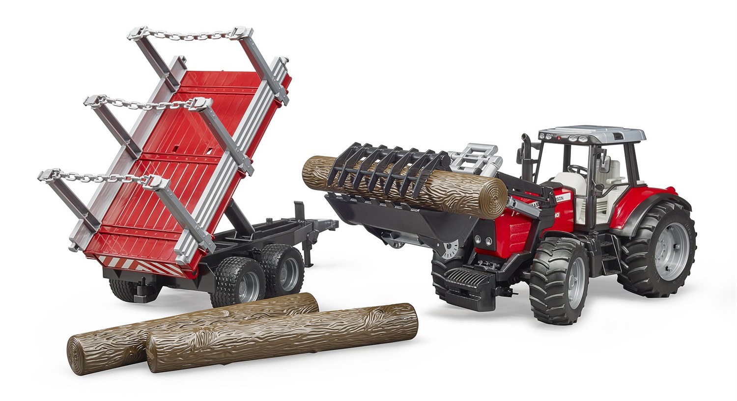 BRUDER Trattore Massey Ferguson 7480 con Caricatore Frontale, Rimorchio Legname e 3 Tronchi - Scala 1:16