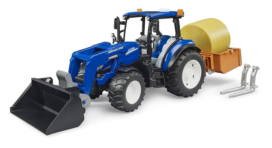 Bruder New Holland T5.120 - Trattore 1:16 con Caricatore Frontale, Cassone di Carico e Forche