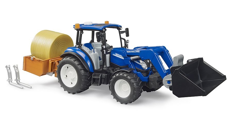 Bruder New Holland T5.120 - Trattore 1:16 con Caricatore Frontale, Cassone di Carico e Forche