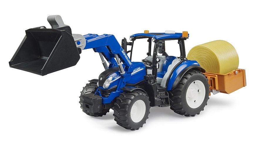 Bruder New Holland T5.120 - Trattore 1:16 con Caricatore Frontale, Cassone di Carico e Forche