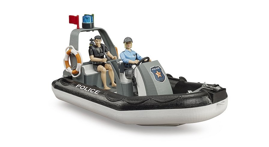 BRUDER RAM 2500 Pick Up Polizia con Rimorchio, Gommone e 2 Figure - Veicolo Fuoristrada con Luci e Suoni