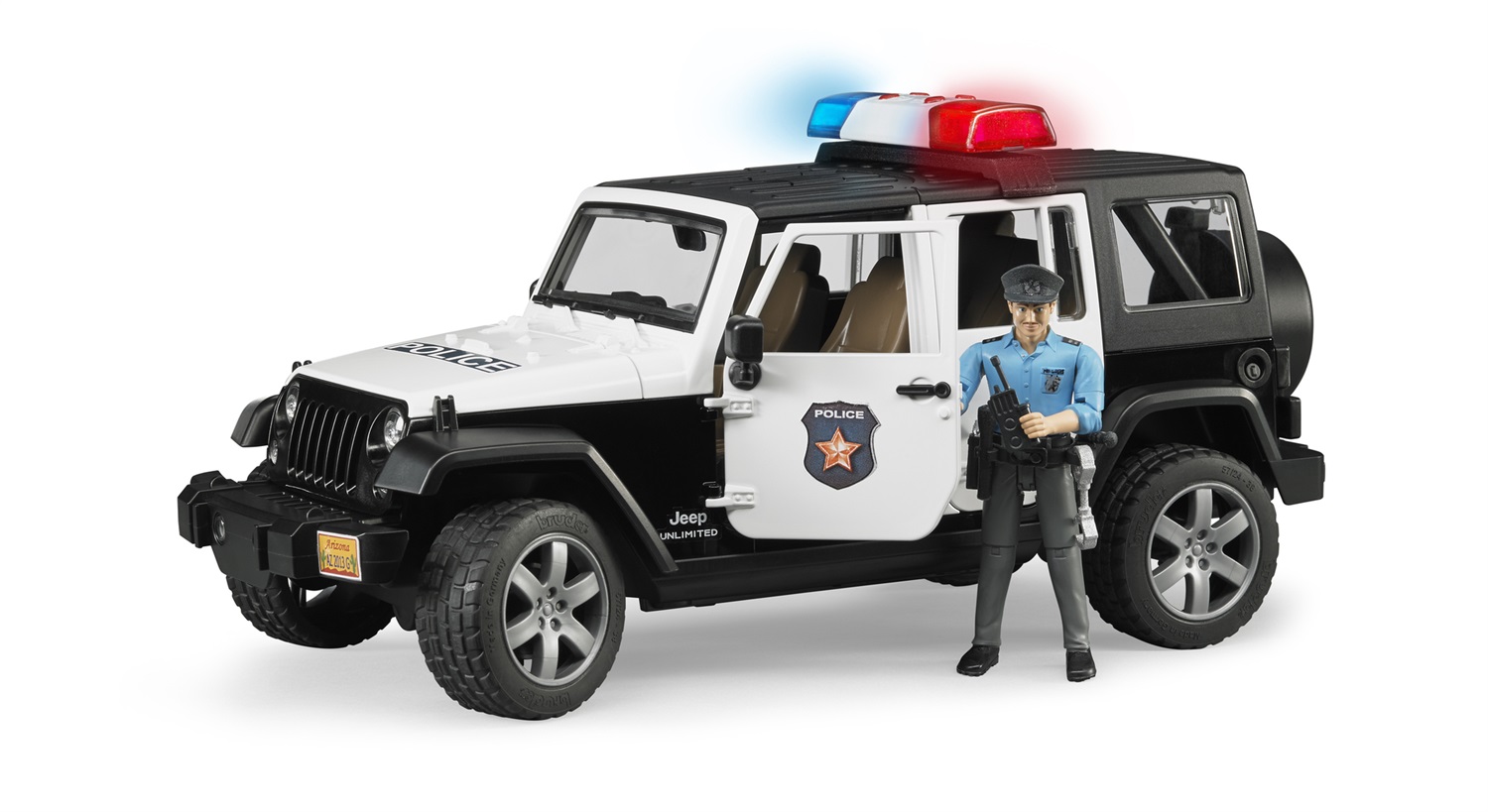 BRUDER Jeep Wrangler Unlimited Rubicon Polizia con Poliziotto - Modello 02526 con Luci e Suoni, Portiere e Cofano Apribili, Piantone dello Sterzo Funzionante