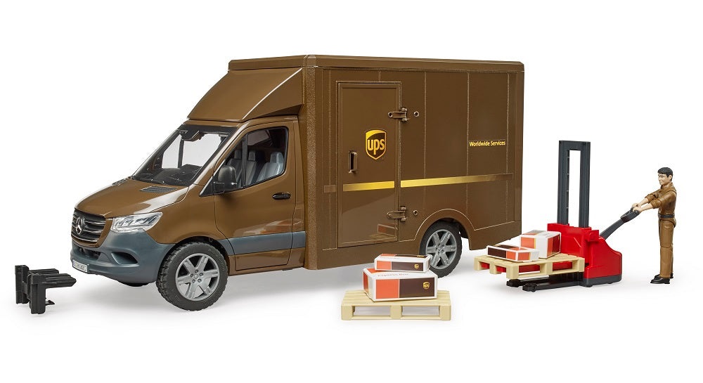 BRUDER MB Sprinter UPS con Personaggio bworld, Transpallet Manuale e Accessori - Modellino di Camion di Consegna Scala 1:16