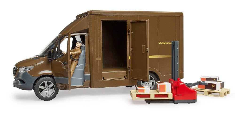 BRUDER MB Sprinter UPS con Personaggio bworld, Transpallet Manuale e Accessori - Modellino di Camion di Consegna Scala 1:16