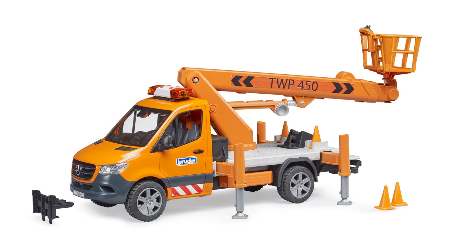 BRUDER MB Sprinter con Piattaforma di Lavoro, Modulo Luci e Suoni, Scala 1:16, Adatto dai 4 Anni