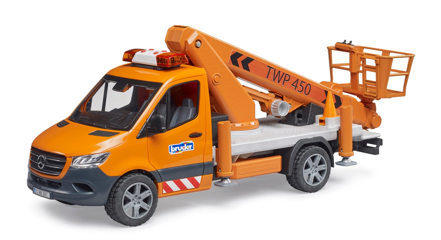 BRUDER MB Sprinter con Piattaforma di Lavoro, Modulo Luci e Suoni, Scala 1:16, Adatto dai 4 Anni