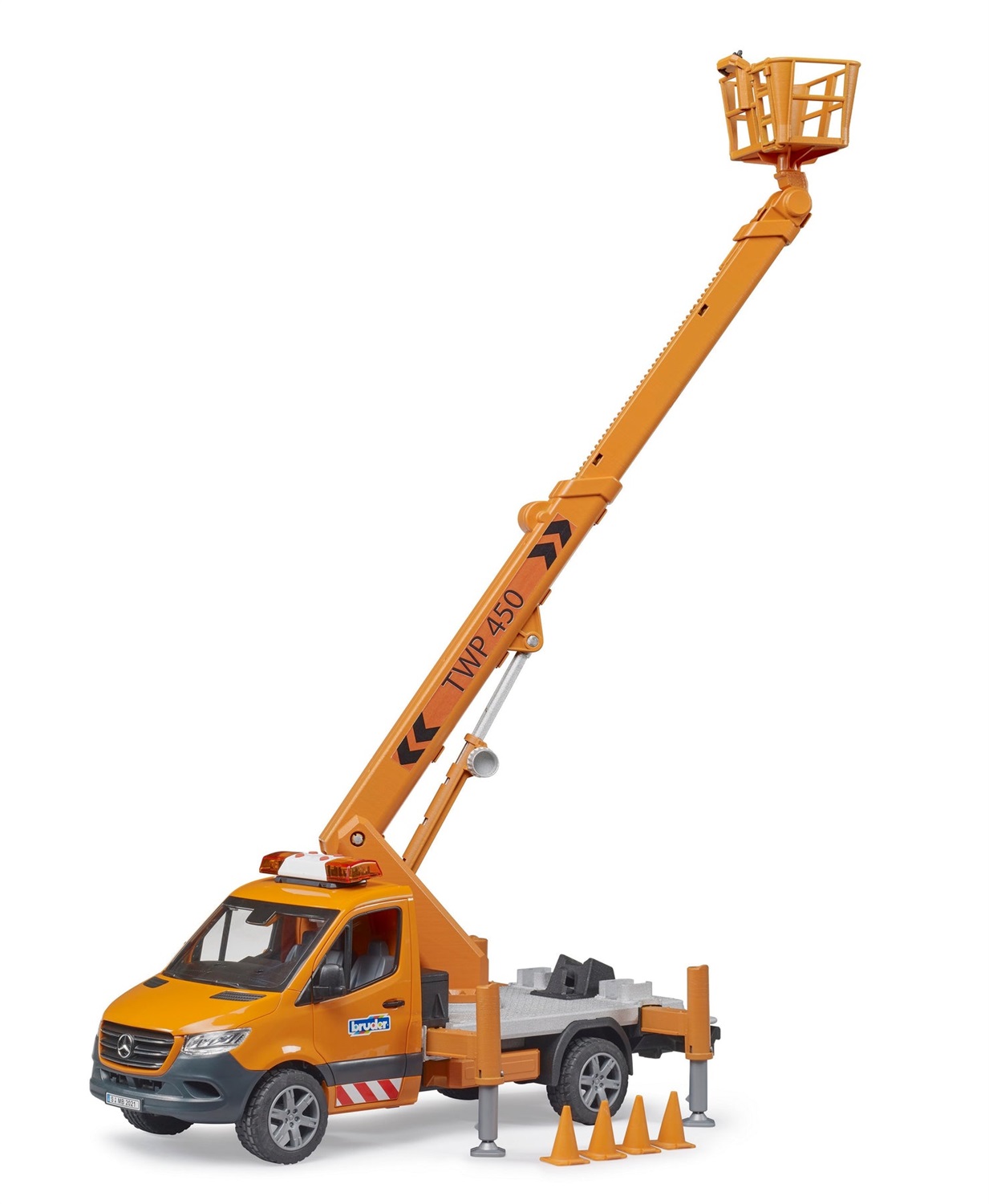 BRUDER MB Sprinter con Piattaforma di Lavoro, Modulo Luci e Suoni, Scala 1:16, Adatto dai 4 Anni