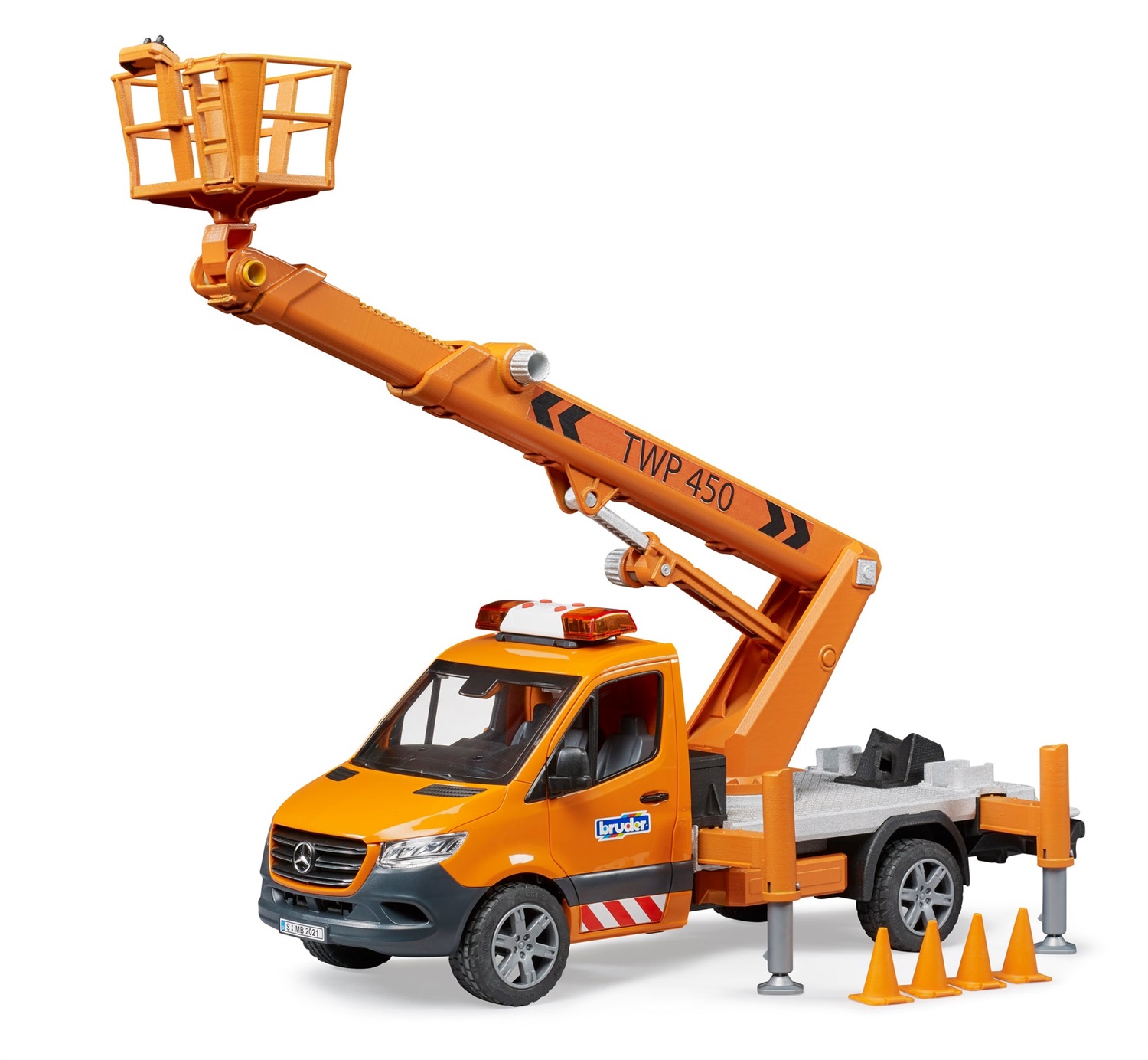 BRUDER MB Sprinter con Piattaforma di Lavoro, Modulo Luci e Suoni, Scala 1:16, Adatto dai 4 Anni