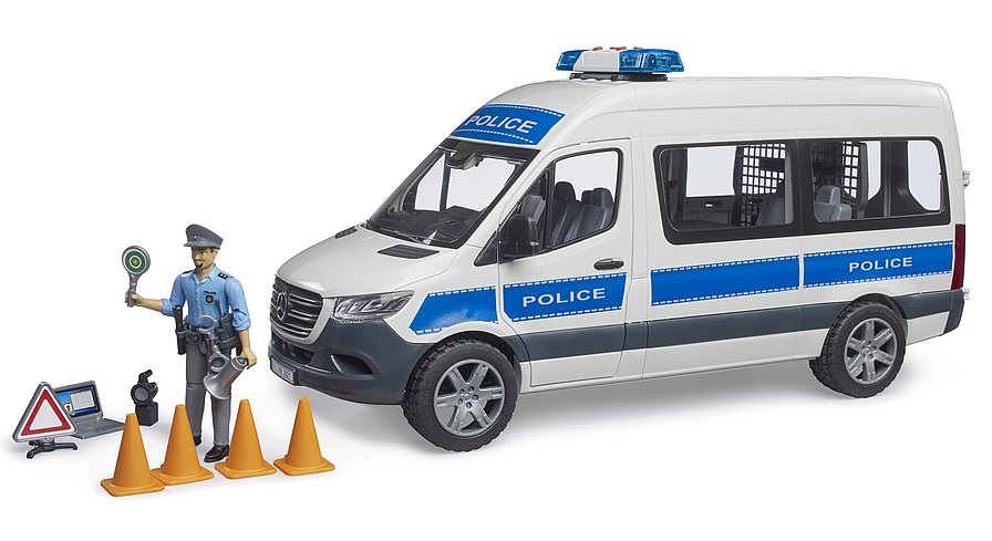 BRUDER MB Sprinter Polizia con Luci e Suono - Veicolo di Emergenza 1:16 con Poliziotto incluso