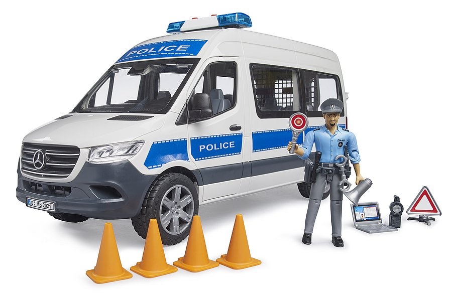 BRUDER MB Sprinter Polizia con Luci e Suono - Veicolo di Emergenza 1:16 con Poliziotto incluso