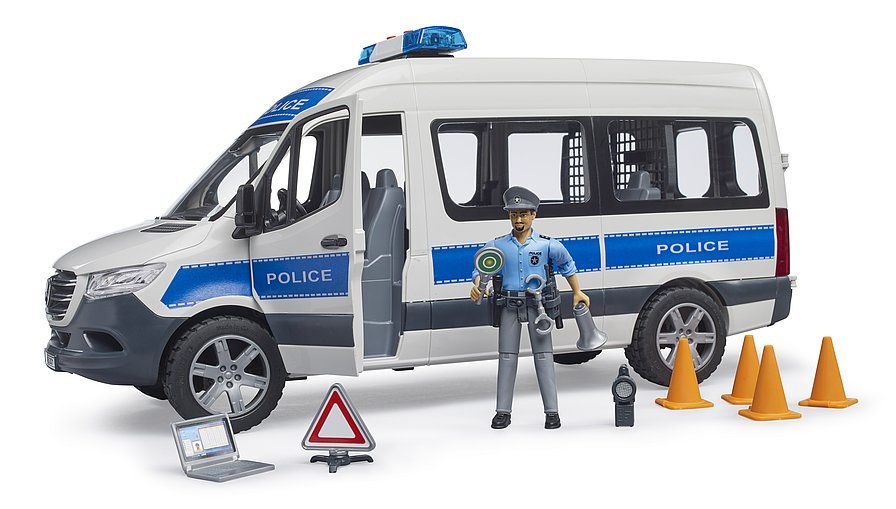 BRUDER MB Sprinter Polizia con Luci e Suono - Veicolo di Emergenza 1:16 con Poliziotto incluso