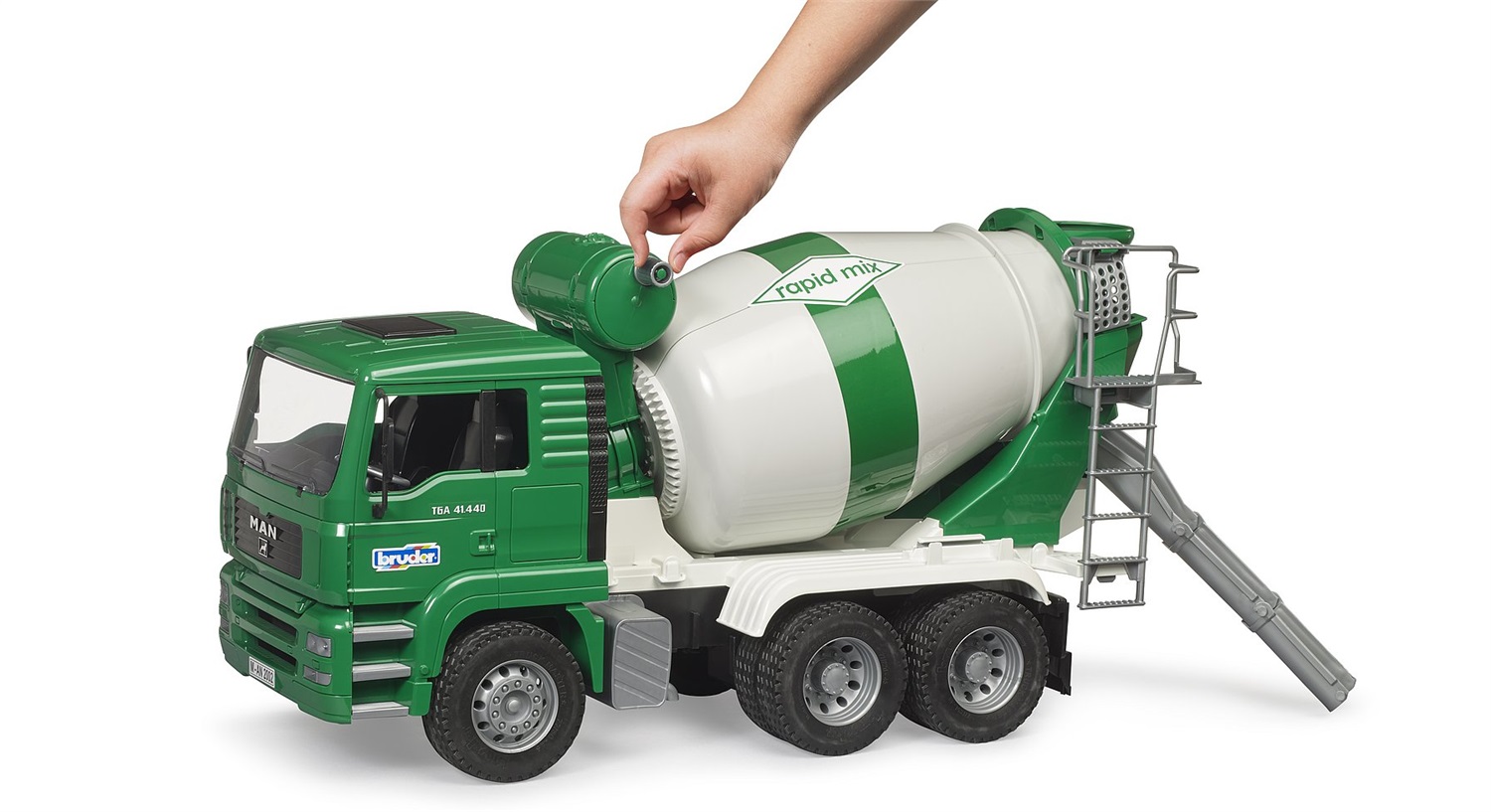 BRUDER Autobetoniera MAN TGA 02739 - Camion Betoniera Giocattolo per Bambini con Cabina Ribaltabile e Tamburo Azionabile