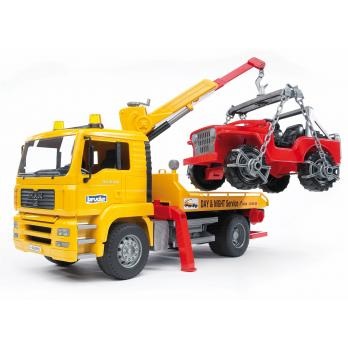 BRUDER MAN TGA Camion di Soccorso con Fuoristrada - Scala 1:16, Gru Estendibile, Piano di Carico Abbassabile