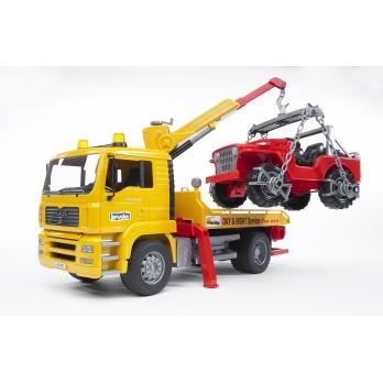 BRUDER MAN TGA Camion di Soccorso con Fuoristrada - Scala 1:16, Gru Estendibile, Piano di Carico Abbassabile