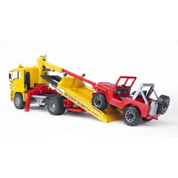 BRUDER MAN TGA Camion di Soccorso con Fuoristrada - Scala 1:16, Gru Estendibile, Piano di Carico Abbassabile