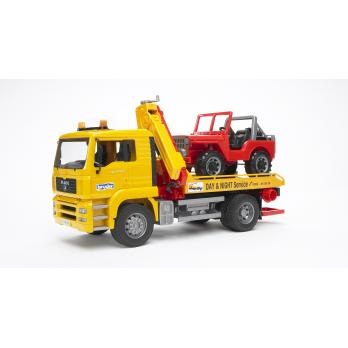BRUDER MAN TGA Camion di Soccorso con Fuoristrada - Scala 1:16, Gru Estendibile, Piano di Carico Abbassabile