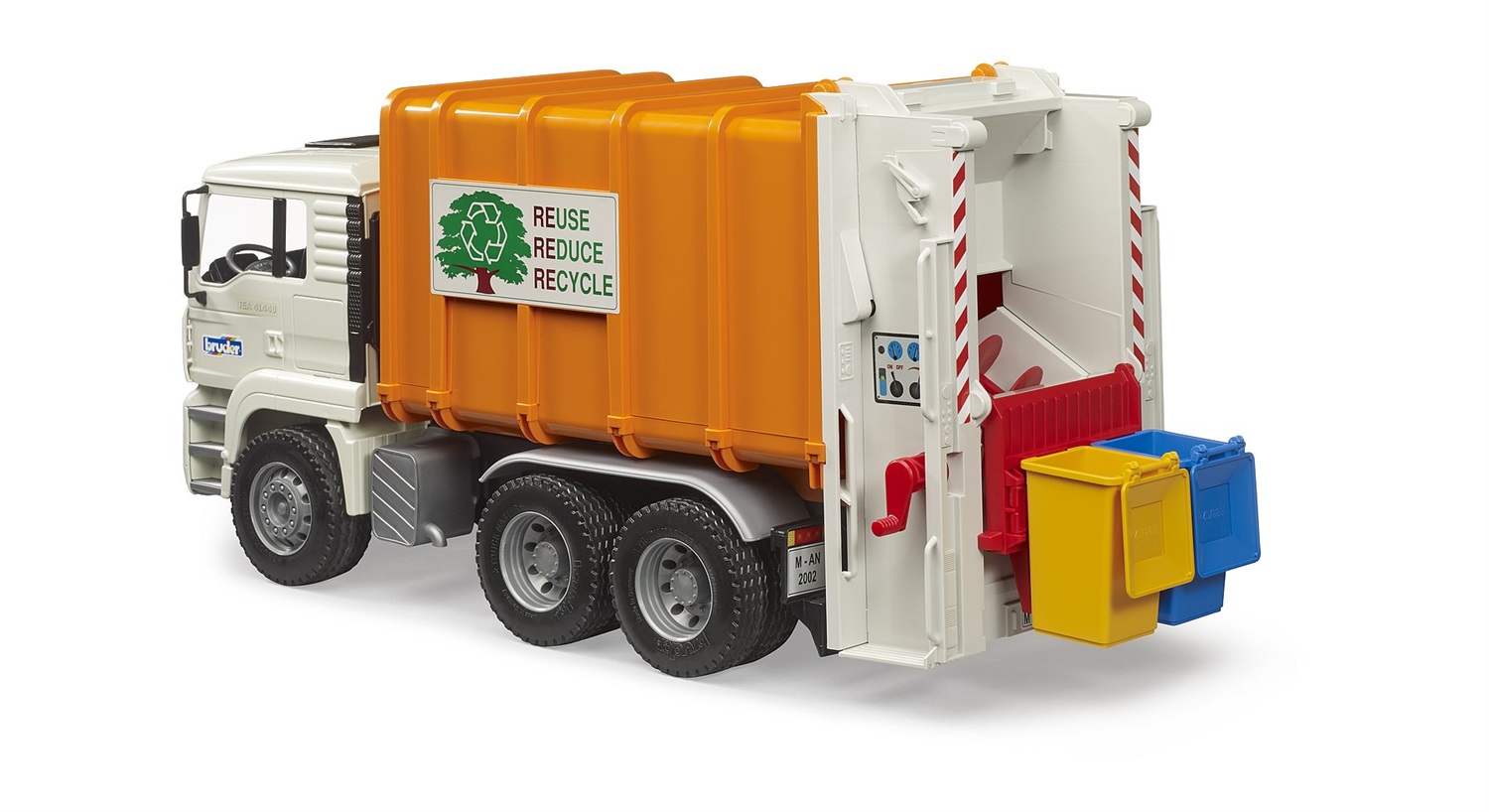 BRUDER MAN TGA Camion della Spazzatura con Caricatore Posteriore - Giocattolo in Scala 1:16 per Bambini dai 3 Anni, Arancione e Bianco