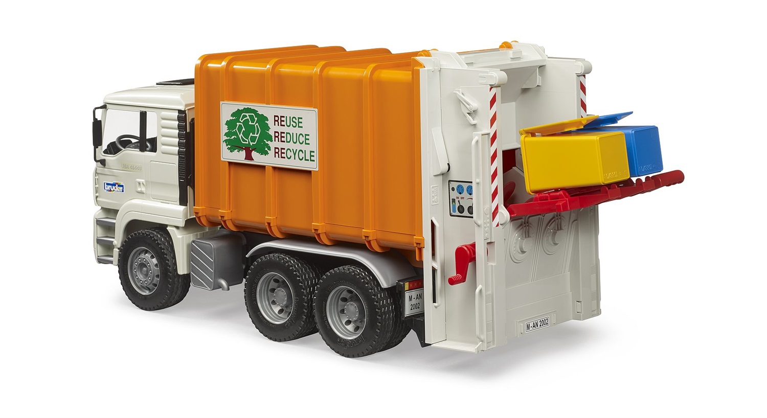 BRUDER MAN TGA Camion della Spazzatura con Caricatore Posteriore - Giocattolo in Scala 1:16 per Bambini dai 3 Anni, Arancione e Bianco