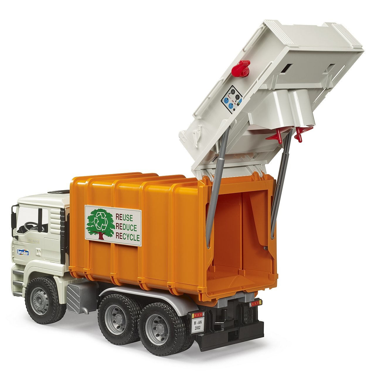 BRUDER MAN TGA Camion della Spazzatura con Caricatore Posteriore - Giocattolo in Scala 1:16 per Bambini dai 3 Anni, Arancione e Bianco