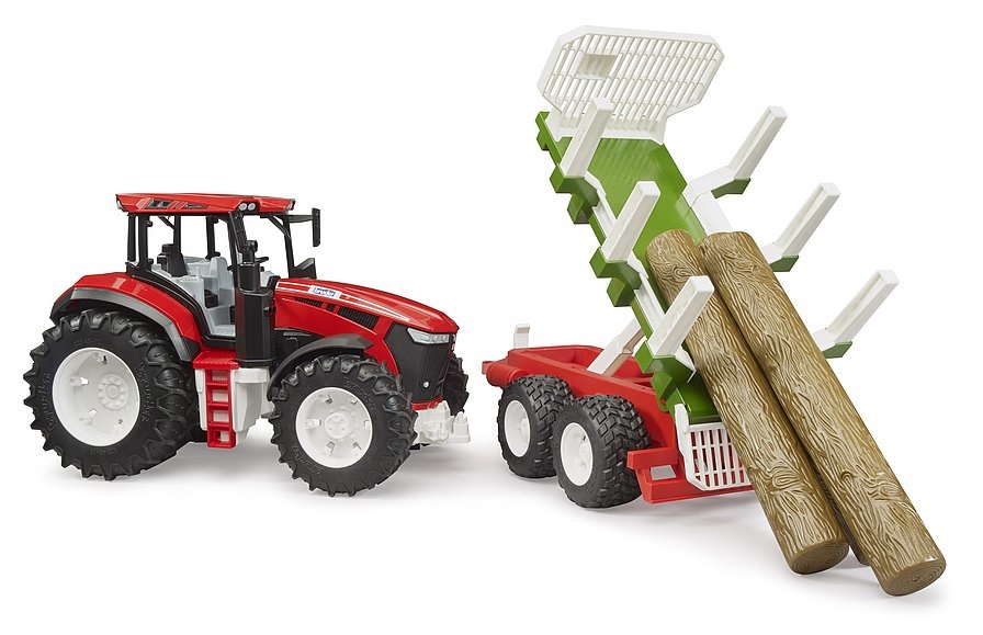 BRUDER Trattore Roadmax 03453 con Rimorchio Forestale, Benna e 3 Tronchi - Giocattolo per Fattoria e Trasporto di Legname, da 2 Anni