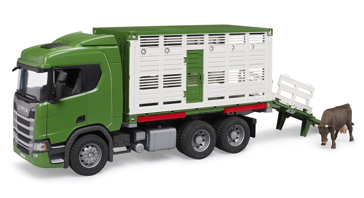 BRUDER Scania Super 560R Camion Trasporto Animali con 1 Bue - Giocattolo per Bambini 4 anni, Dimensioni 53 x 18 x 26 cm