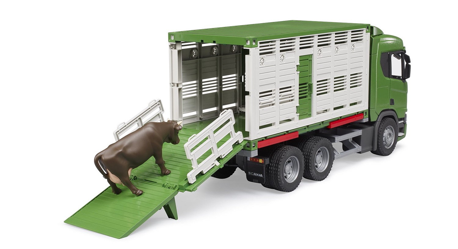 BRUDER Scania Super 560R Camion Trasporto Animali con 1 Bue - Giocattolo per Bambini 4 anni, Dimensioni 53 x 18 x 26 cm