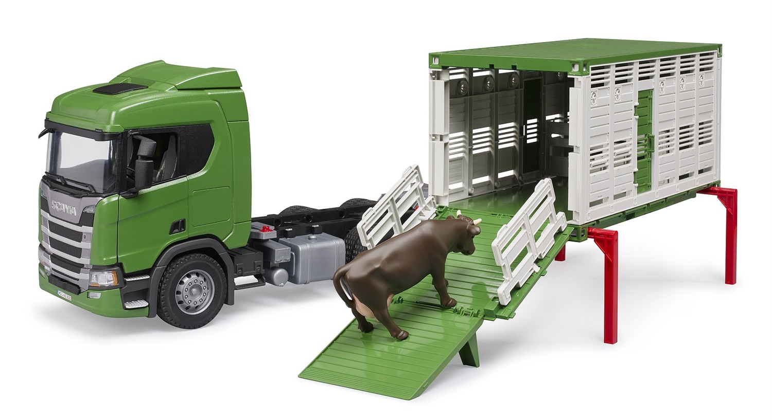 BRUDER Scania Super 560R Camion Trasporto Animali con 1 Bue - Giocattolo per Bambini 4 anni, Dimensioni 53 x 18 x 26 cm