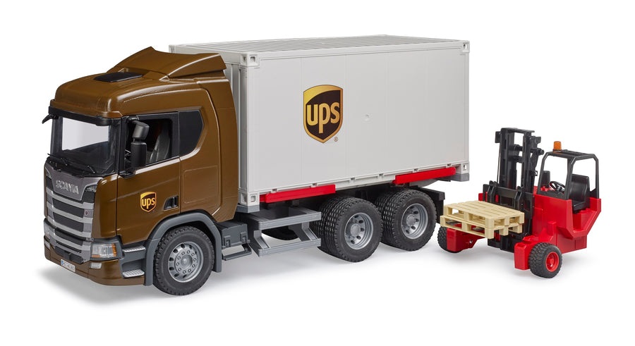 BRUDER Scania Super 560R Camion UPS con Carrello Elevatore - Giocattolo per Bambini 4 anni (Scala 1:16)
