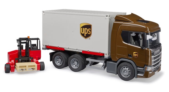 BRUDER Scania Super 560R Camion UPS con Carrello Elevatore - Giocattolo per Bambini 4 anni (Scala 1:16)