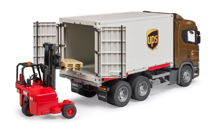 BRUDER Scania Super 560R Camion UPS con Carrello Elevatore - Giocattolo per Bambini 4 anni (Scala 1:16)