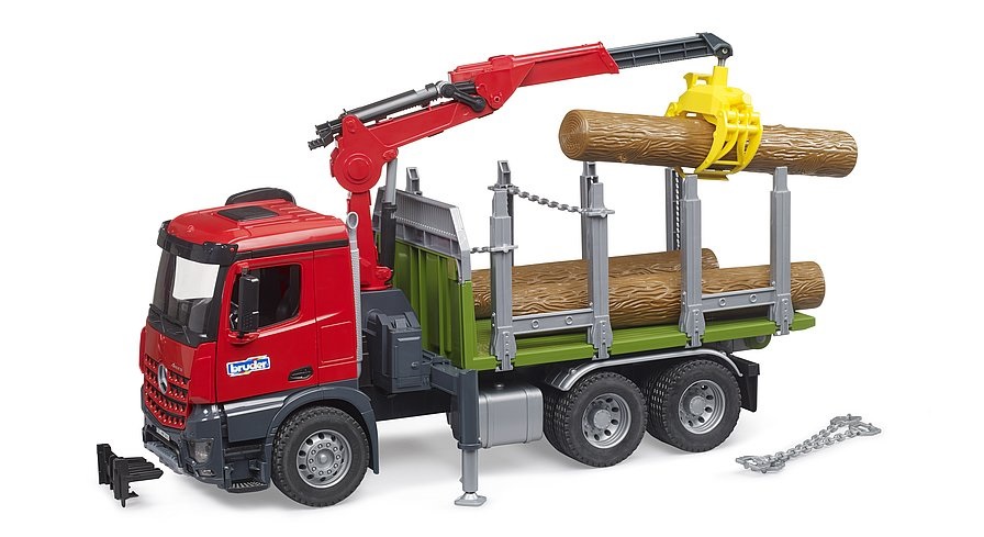 BRUDER 03669 - Camion Mercedes Benz Arocs per Trasporto Legname con Gru, Pinza e 3 Tronchi d'Albero