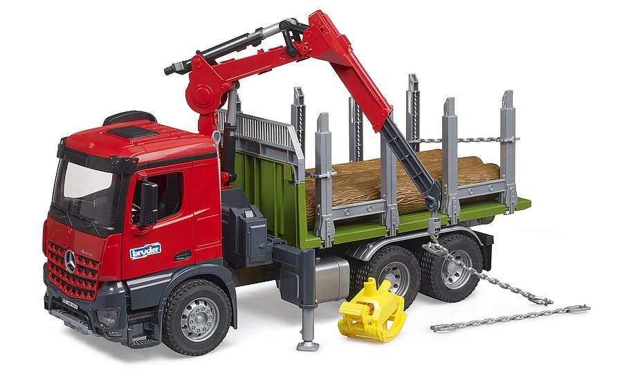 BRUDER 03669 - Camion Mercedes Benz Arocs per Trasporto Legname con Gru, Pinza e 3 Tronchi d'Albero