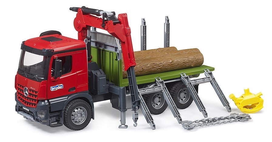 BRUDER 03669 - Camion Mercedes Benz Arocs per Trasporto Legname con Gru, Pinza e 3 Tronchi d'Albero