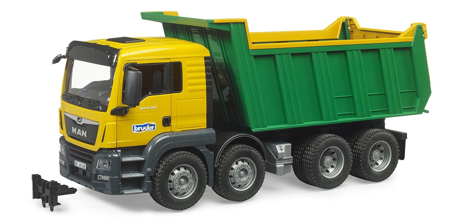 BRUDER MAN TGS Camion Ribaltabile 03766 - Giocattolo per Bambini da 4 anni con Cassone Ribaltabile e Cabina Apribile